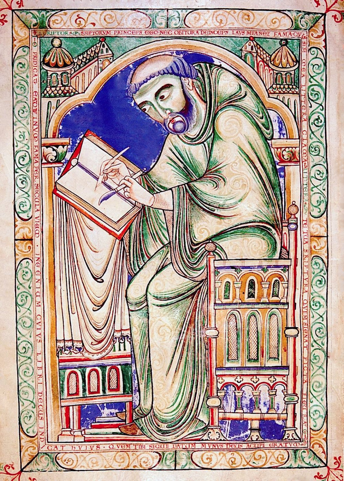 Het oorspronkelijke middeleeuwse portret van Eadwine, schrijvend met een pen en een mes.